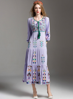 Bohemia Tassel Embroidery Lantern Sleeve Maxi Dress