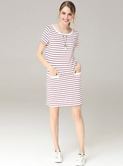 Casual O-neck Short sleeve Striped Slim Dress