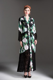 Oversized Print Lace Flare Sleeve Maxi Dress