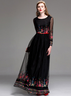 Elegant Perspective Embroidery Waist Maxi Dress