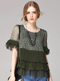Casual O-neck Short Sleeve Stitched Blouse