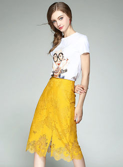 Casual Print T-shirt and Lace Skirt Two-piece Outfits
