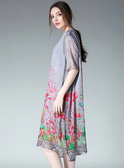 Vintage Floral Print Lace Shift Dress