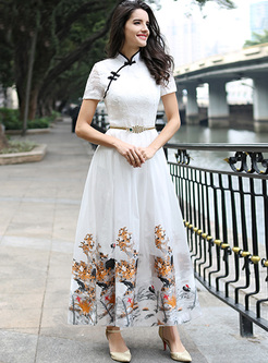 Vintage Embroidery Improved Cheongsam Maxi Dress