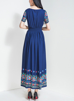 Blue Brief Embroidery Waist Tied Maxi Dress