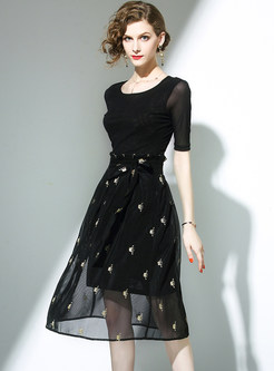 Black Mesh Short Sleeve Blouse & Embroidered Skirt