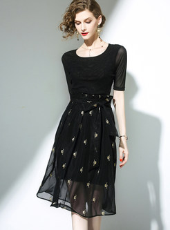 Black Mesh Short Sleeve Blouse & Embroidered Skirt