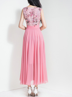 Sweet Floral Print Waist Maxi Dress