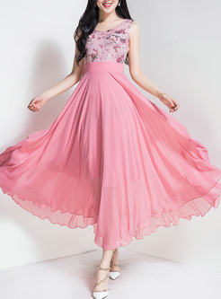 Sweet Floral Print Waist Maxi Dress
