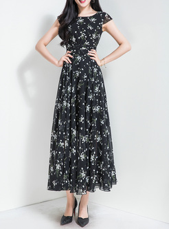 Black Floral Print Waist Maxi Dress