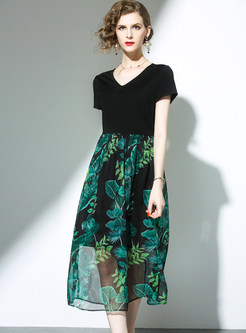 Stitching See Through Floral Print Short Sleeve Skater Dress