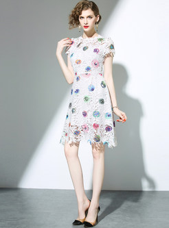 Lace Floral Print Short Sleeve Skater Dress