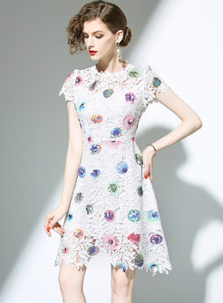 Lace Floral Print Short Sleeve Skater Dress