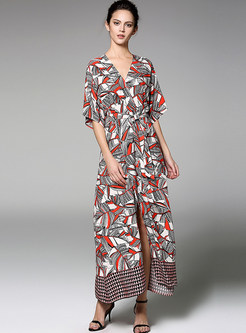 Silk Floral Print High Waist Lacing Maxi Dress