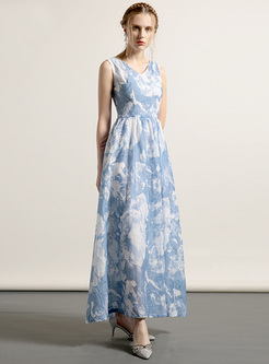 Elegant Blue Print Waist Slim Maxi Dress