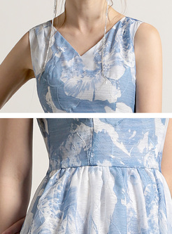 Elegant Blue Print Waist Slim Maxi Dress