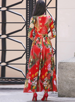 Chiffon Floral Print Waist Maxi Dress