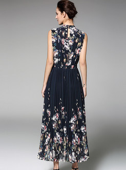 Elegant Floral Print Stand Collar Sleeveless Maxi Dress