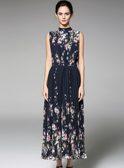 Elegant Floral Print Stand Collar Sleeveless Maxi Dress