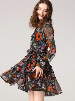 Silk Floral Print Long Sleeve Skater Dress