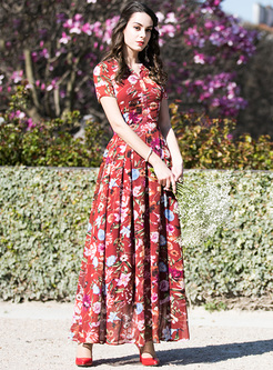 Chiffon floral Print V-neck Waist Maxi Dress