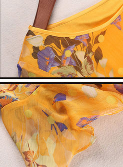 Casual Floral Print O-neck Flare Sleeve Belted Skater Dress 