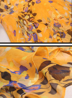 Casual Floral Print O-neck Flare Sleeve Belted Skater Dress 