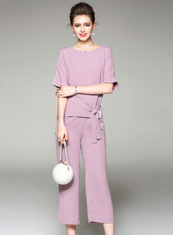 O-neck Short Sleeve T-shirt and Wide Leg Pants Two-piece Outfits