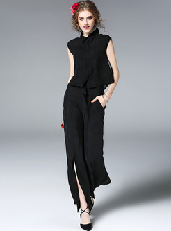 Black Elegant Lapel Split Two-piece Outfits