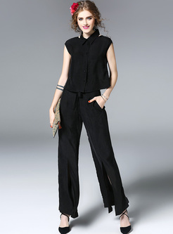 Black Elegant Lapel Split Two-piece Outfits