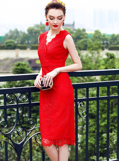 Elegant Red Lace V-neck Bodycon Dress