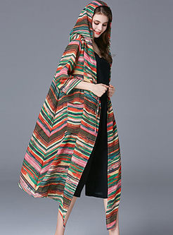 Ethnic Striped Hooded Loose Coat