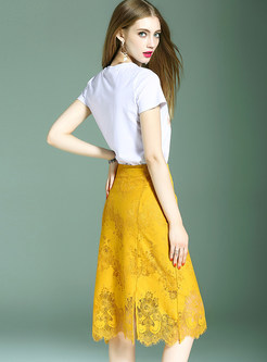 White O-neck Short Sleeve T-shirt & Yellow Lace Skirt