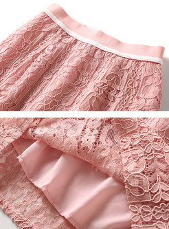 Pink Lace Jacquard Half Sleeve Two-piece Outfits