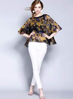 Chiffon Lace Floral Print Flare Sleeve Blouse With Camis