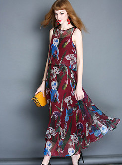 Causal Chiffon Floral Print Sleeveless Maxi Dress