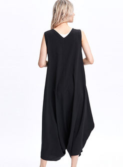 Casual Pure Color V-neck Sleeveless Asymmetrical Slim Jumpsuits 