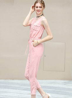 Brief Pure Color O-neck Sleeveless Belted Jumpsuits 