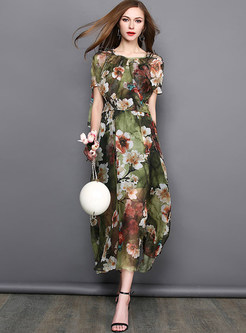 Stylish Chiffon Floral Print Short Sleeve Maxi Dress