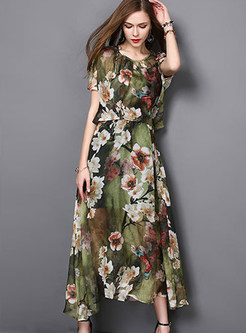 Stylish Chiffon Floral Print Short Sleeve Maxi Dress