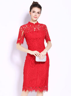 Sexy Red Stand Collar Lace Hollow Short Sleeve Slim Dress