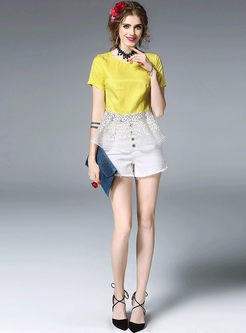 Casual Gauze Splicing Embroidered O-neck Blouse 