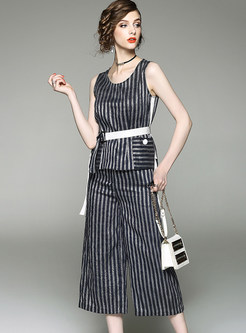 Brief Striped Sleeveless Belt Two-piece Outfits