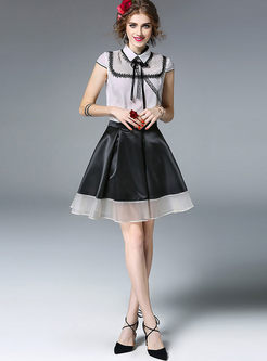 Casual Bowknot Sheath Turn-down Collar Stringy Selvedge Blouse 