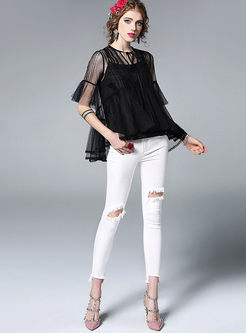 Casual Falbala Embroidered Lace Hollow-out Asymmetrical Blouse 