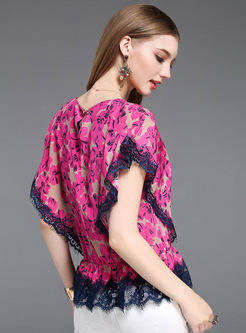 O-neck Silk Bat Sleeve Lace Print Waist Blouse