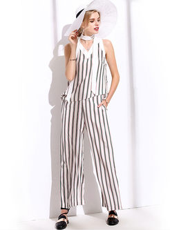 V-neck Sleeveless Camis and Straight Pants Two-piece Outfits