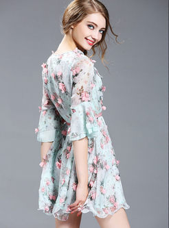 Party Cute Flower Splicing Perspective V-neck Flare Sleeve Skater Dress 