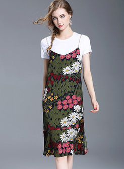 Casual Pure Color O-neck T-shirt & Fashionable Floral Print Splicing Dress 
