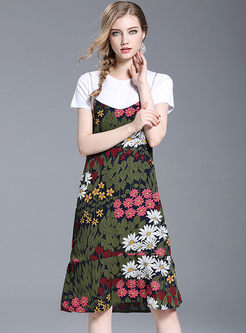 Casual Pure Color O-neck T-shirt & Fashionable Floral Print Splicing Dress 